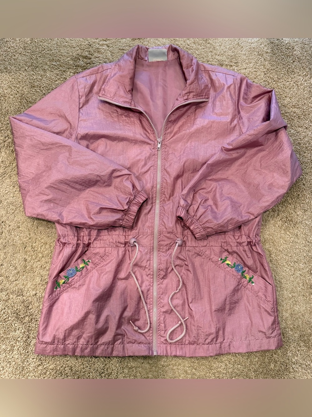 Blair Pink Floral Embroidered Windbreaker Jacket Shimmery Lightweight